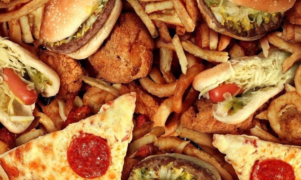 Processed food, pizza, fries, burgers
